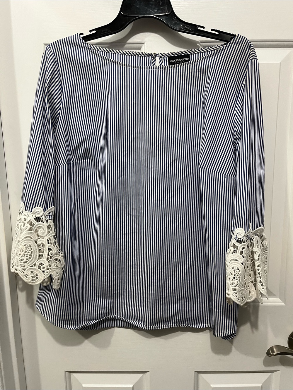 Liz Claiborne Navy and White Striped Boatneck Top with Lace Sleeve Detail